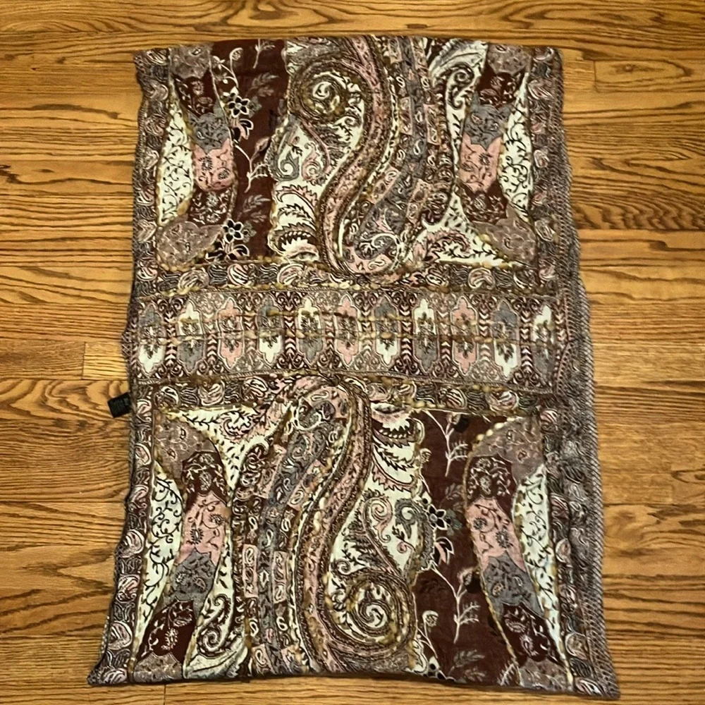 Raj Infinity Scarf Boho Brown Tan Maroon black paisley pattern reversable knit